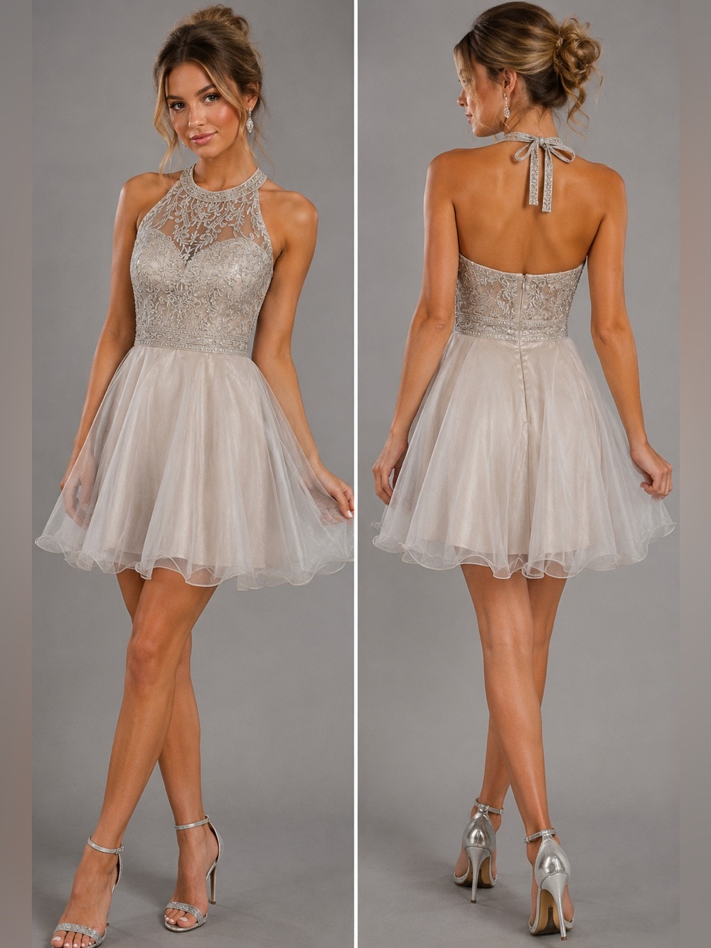 May Queen Silver Embroidered Lace Halter Tulle Dress 8 Hoco Homecoming